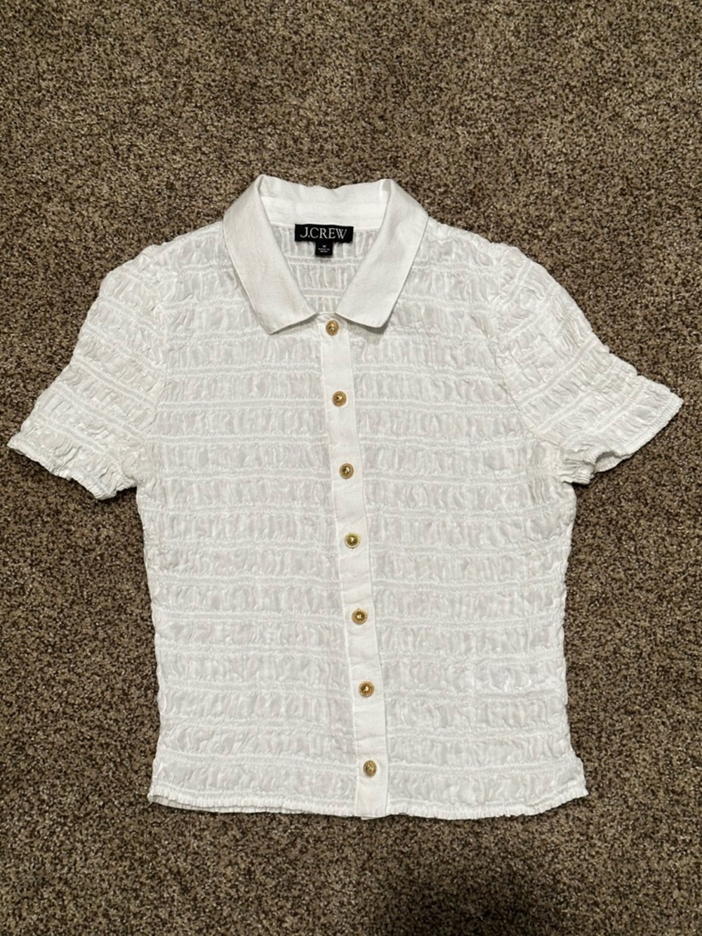 J. Crew White Smocked Polo Blouse with Gold Button